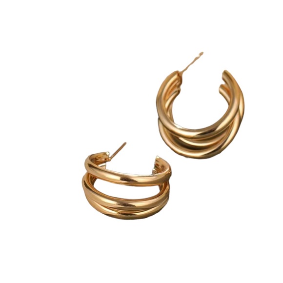 Geometric C Shaped Gold Hoop Earrings - Picture 3 of 5